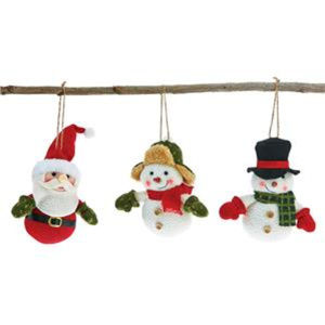 Set of 3 Plush Santa & Snowmen Ornament Set NEW